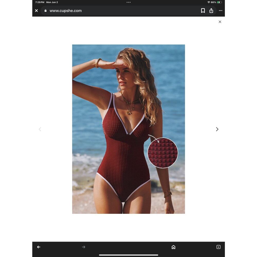 NWT Cupshe Red Plunging Waffle Texture One-Piece with White Piping Size Large